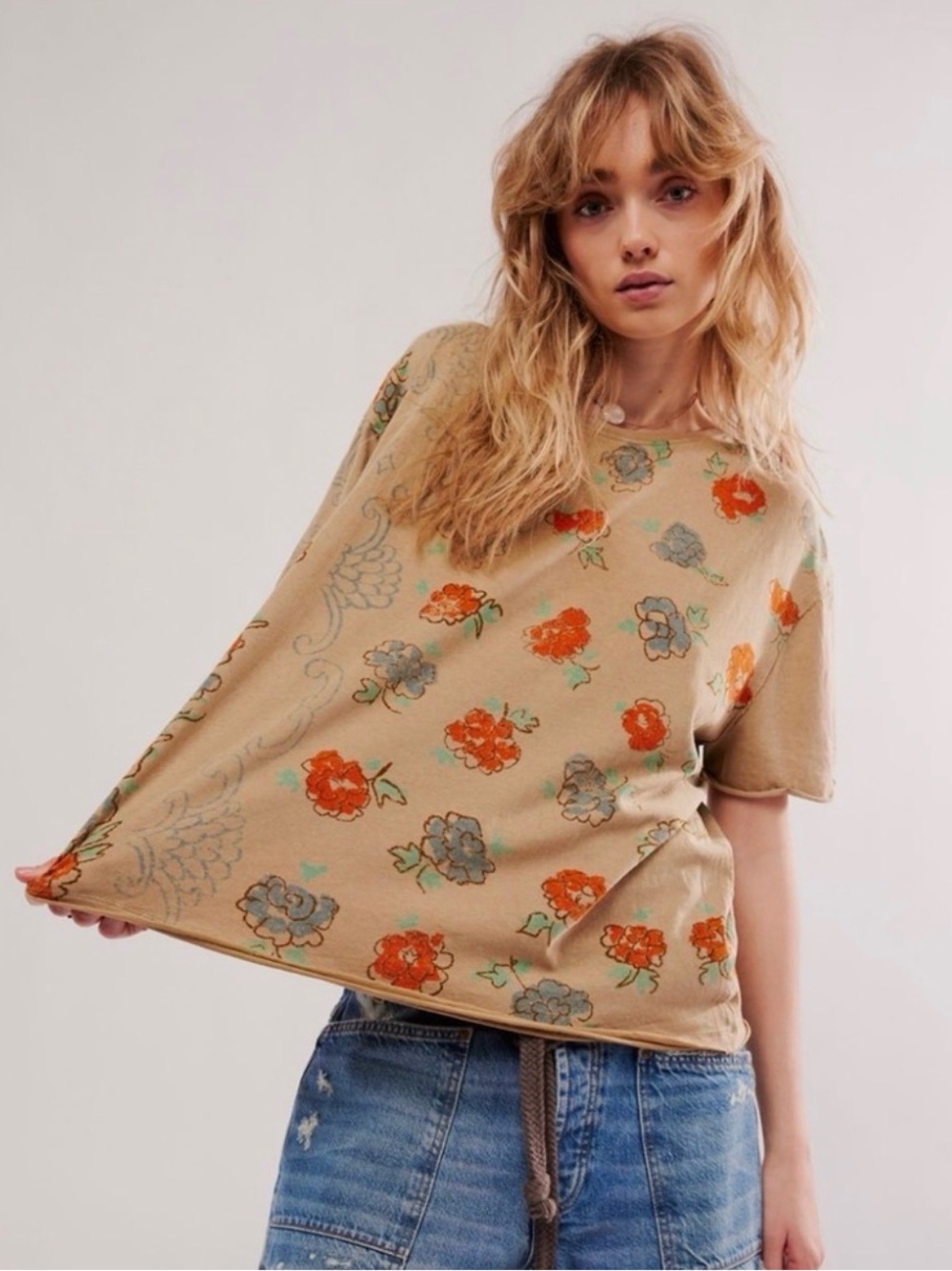 We The Free Printed Floral Boheme Tee in Tan• medium - Picture 2 of 11